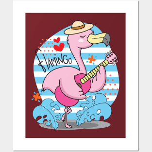 flamingo playing guitar illustration Posters and Art